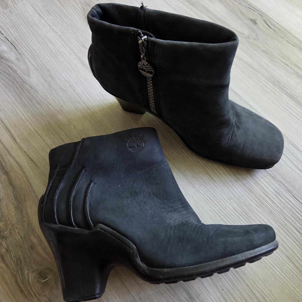 Timberland Baychester Black Leather‎ Suede Ankle Boots Womens 8 Heeled Booties